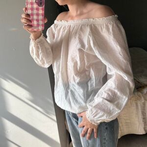 Vintage cotton off shoulder blouse with velvet swiss dots